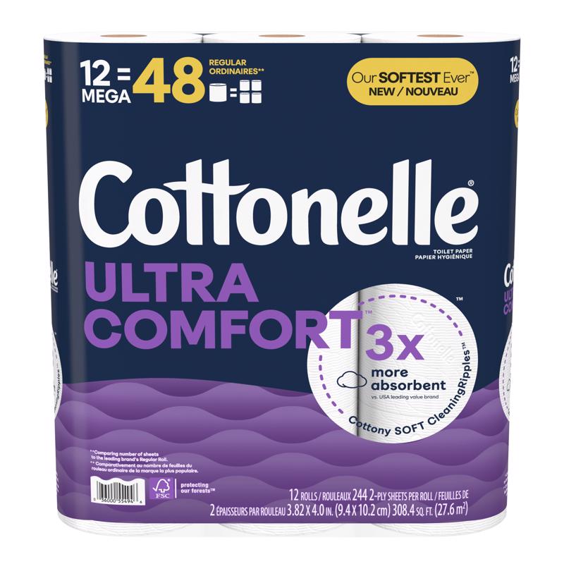 Emery Jensen Cottonelle Mega 12-pack toilet tissue pack with 4 rolls, soft and strong bathroom paper rolls shown in the image.