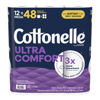Emery Jensen Cottonelle Mega 12-pack toilet tissue pack with 4 rolls, soft and strong bathroom paper rolls shown in the image.