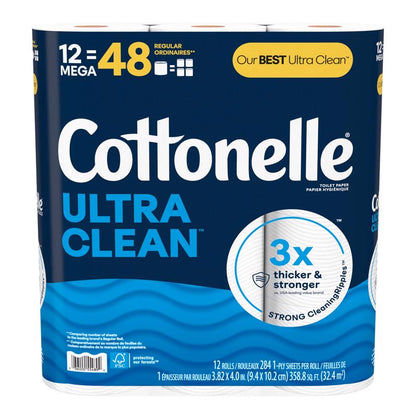 Emery Jensen Cottonelle Ultra Mega 12-Roll Pack of toilet tissue rolls with soft, absorbent white paper for bathroom use