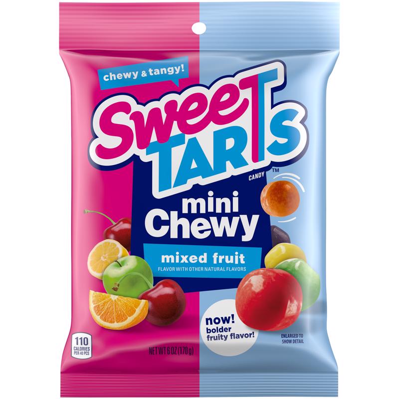 Assorted chewy fruit candies from Emery Jensen in a 6oz pack, shown in colorful packaging with vibrant fruit illustrations.