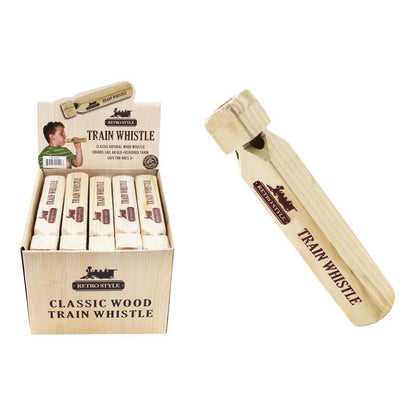 Set of 20 Emery Jensen wooden train whistle toys, impulse/novelty style, shown in colorful packaging with train illustrations.