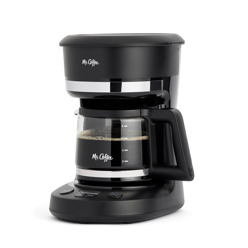 Two black Emery Jensen auto drip coffee makers, 5-cup capacity, shown in a close-up view with glass carafes and control panels.