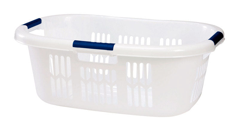 Set of six Emery Jensen laundry baskets in blue and white, stackable with handles for easy carrying and storage.