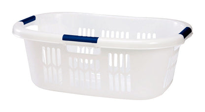 Set of six Emery Jensen laundry baskets in blue and white, stackable with handles for easy carrying and storage.