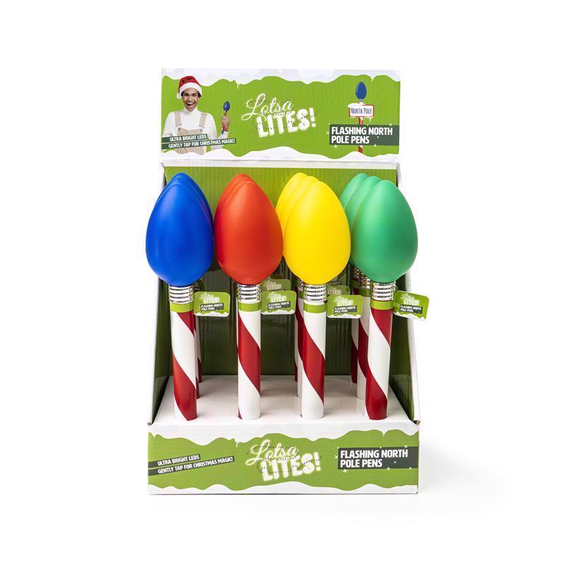 Set of 12 Emery Jensen flashing novelty pens with colorful lights, ideal for fun writing or party favors.