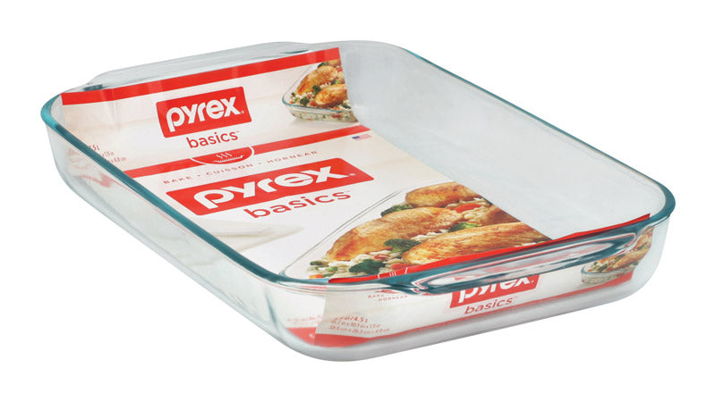 Set of four Emery Jensen glass oblong dish bakes, 4-quart Pyrex ovenware for baking and roasting in the oven.