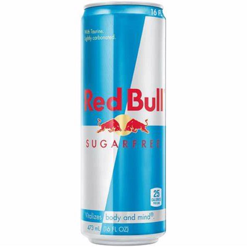 Pack of 12 Emery Jensen Red Bull Sugar Free 16oz energy drinks in aluminum cans, featuring the iconic Red Bull branding.