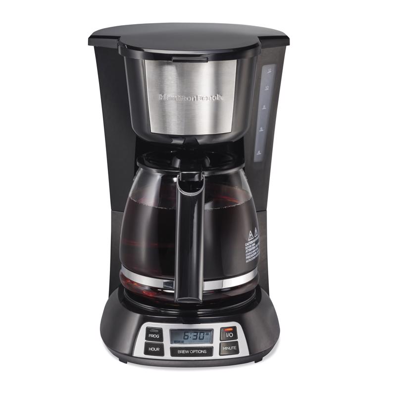 Two Emery Jensen black and silver 12-cup auto drip coffee makers in a pack, with digital display and glass carafes.