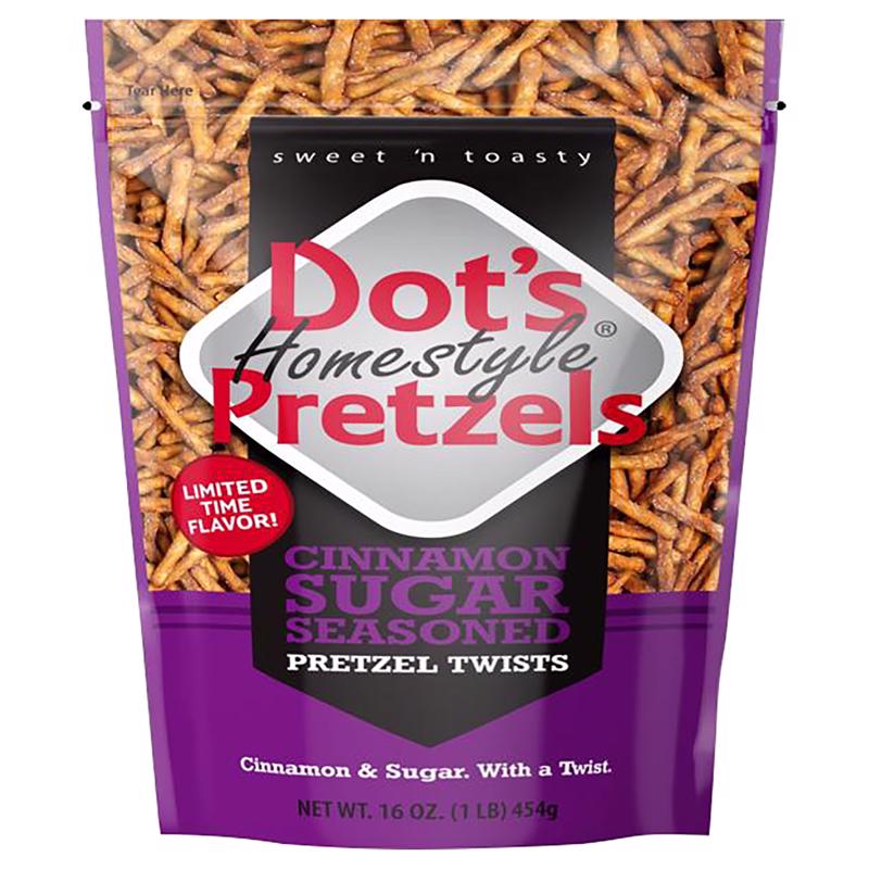 Emery Jensen CINN Sugar Prztz Snacks, 16 oz pack of 10, featuring cinnamon-flavored snack crackers on a white background.