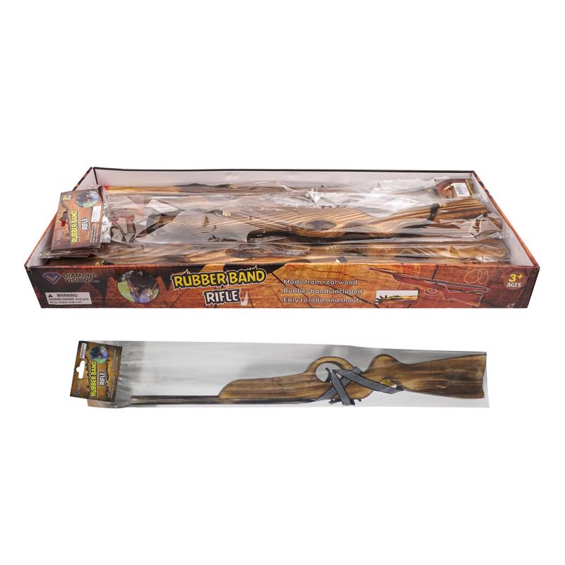 Pack of 12 Emery Jensen RUBBR BAND RIFLE WD 26" toy rifles for checkout games, featuring rubber band launching mechanisms.