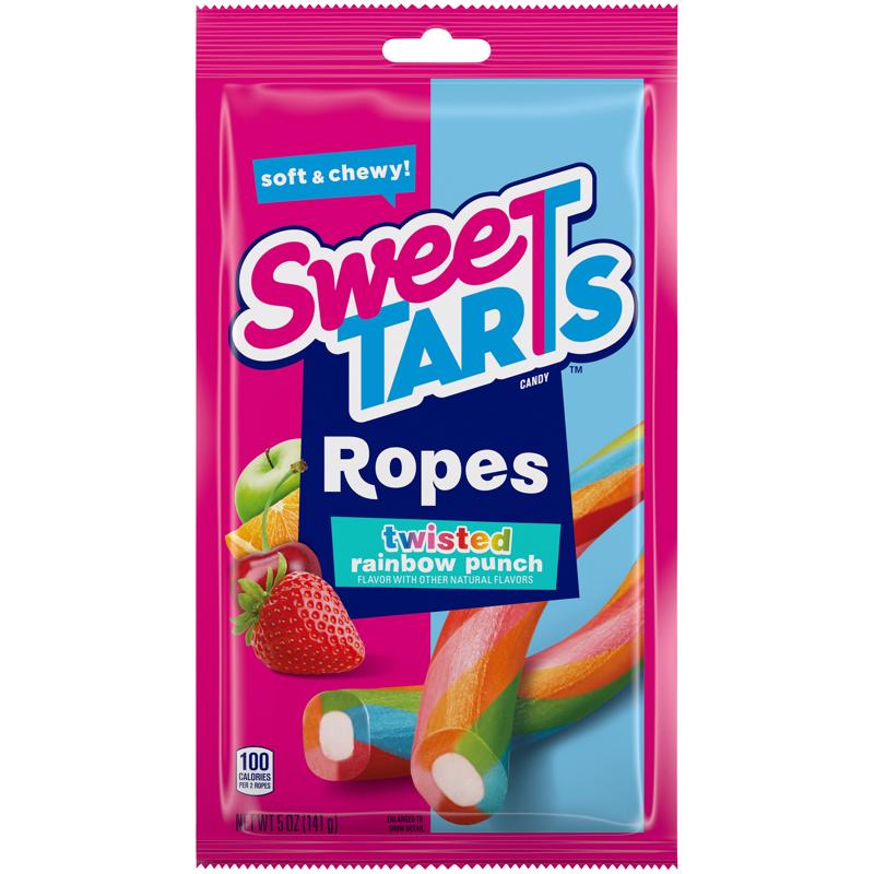 Assorted Sweetart Rope candies in rainbow colors, 5 oz packs, by Emery Jensen, displayed in a pack of 12.