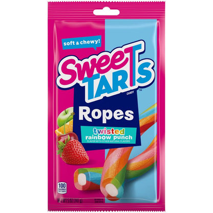 Assorted Sweetart Rope candies in rainbow colors, 5 oz packs, by Emery Jensen, displayed in a pack of 12.