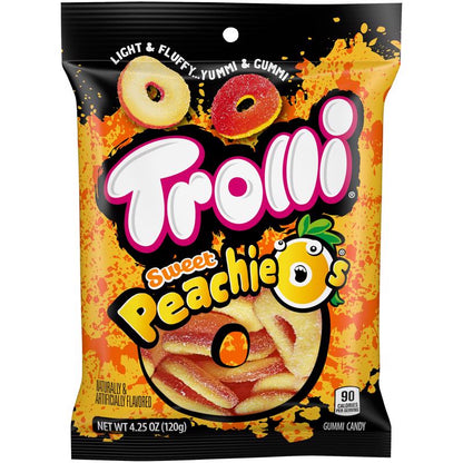 Emery Jensen Sweet Peachie O candies, 4.25oz pack of 12, colorful peach-flavored non-chocolate candies on a white background.