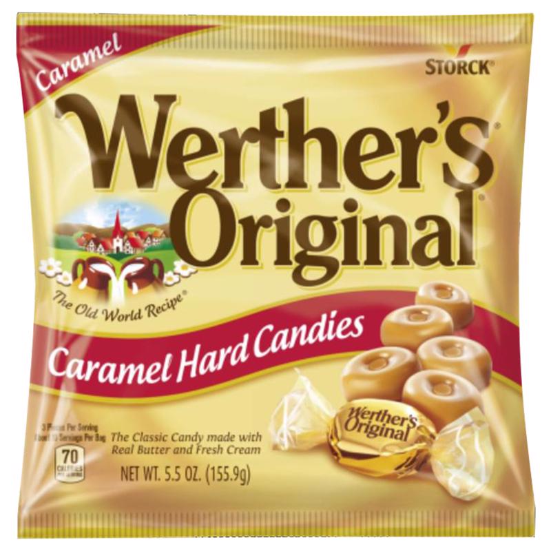 Emery Jensen caramel hard candy pack showing 12 transparent bags of golden caramel candies, colorful wrappers, and branding.
