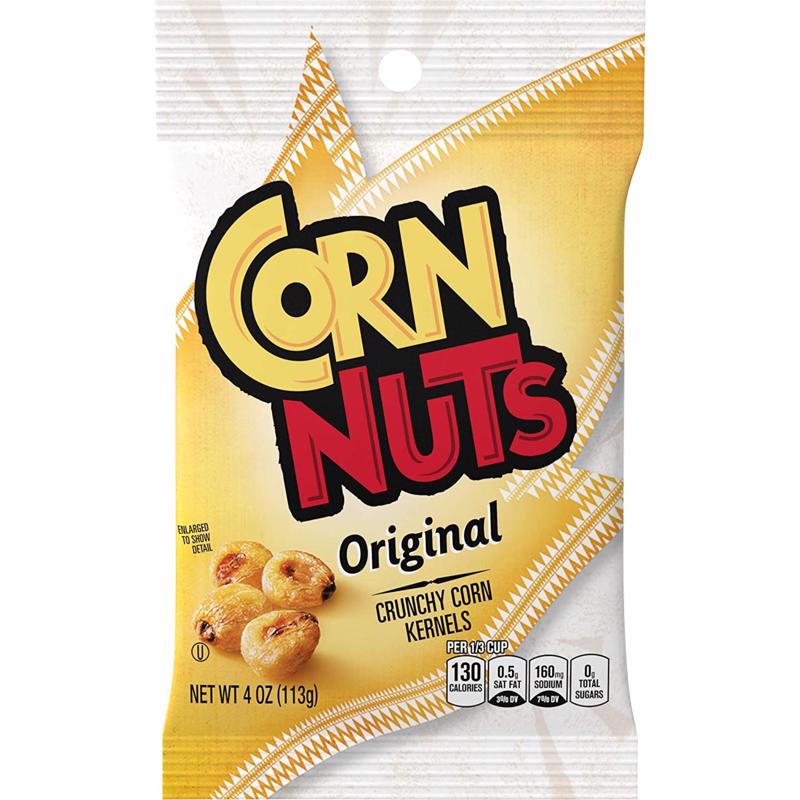 Emery Jensen Corn Nuts Original snack pack, 4oz, showing crunchy roasted corn nuts in a clear bag.