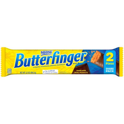Emery Jensen Butterfinger 2-pack candy bars, 3.7oz each, displayed in a pack of 18, featuring crispy peanut butter center and chocolate coating.