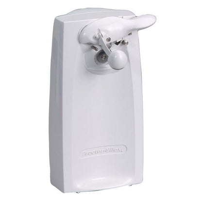 Two Emery Jensen electric can openers in white with black handles, shown with their compact design and power cord.