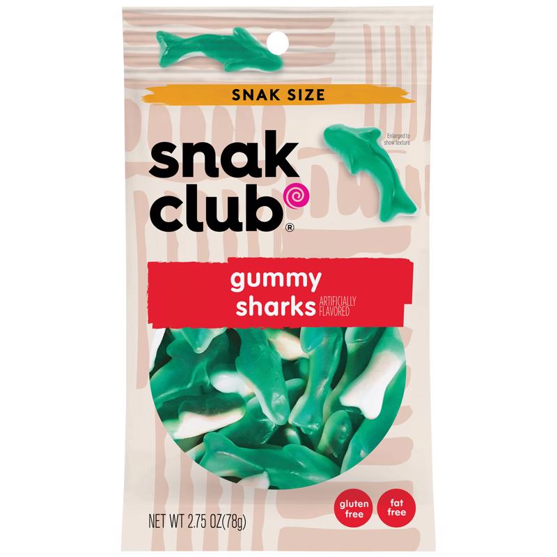Colorful gummy shark candies in a clear plastic pack, 2.75oz per bag, shown in a pack of 12 from Emery Jensen.
