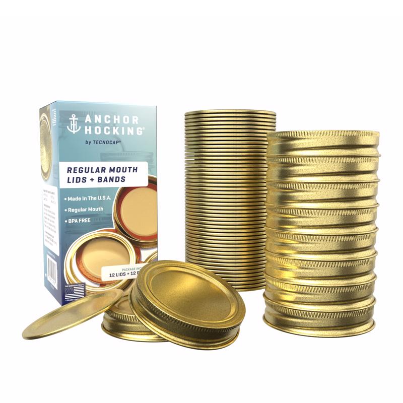 Set of 10 Emery Jensen canning lids and rings in gold for preserving jars, featuring durable metal construction.