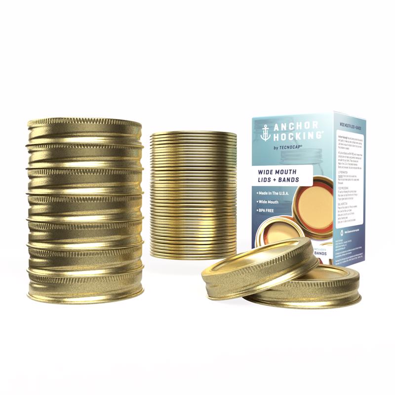 Pack of 12 Emery Jensen canning lids and rings, gold-colored metal canning lid set for preserving jars.
