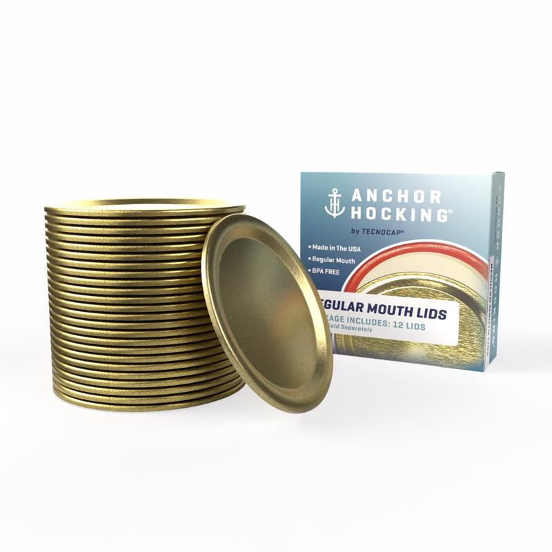 Set of 24 Emery Jensen canning lids and rings in gold, designed for preserving jars and home canning projects.