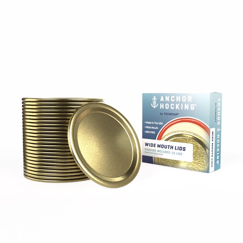 Set of 24 Emery Jensen canning lids and rings in a gold finish, designed for preserving and sealing jars.