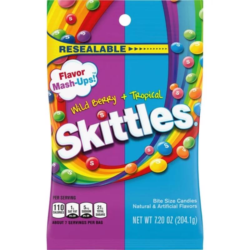 Emery Jensen SKTTL BRY & TRPCL non-chocolate candies, 7.2oz packs, colorful candy pieces in a clear container.