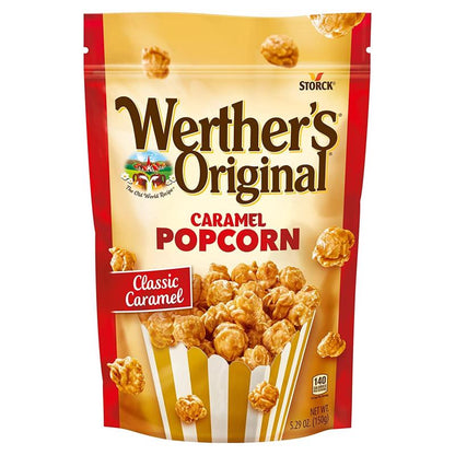 Emery Jensen caramel popcorn snack pack, 5.29oz, showing golden caramel-coated popcorn in a clear bag.