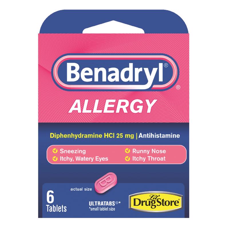 Emery Jensen BENADRYL ALLERGY impulse/novelty medication pack of 6, showing colorful blister packs for allergy relief.