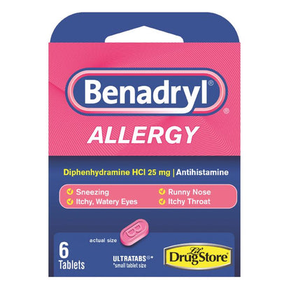 Emery Jensen BENADRYL ALLERGY impulse/novelty medication pack of 6, showing colorful blister packs for allergy relief.