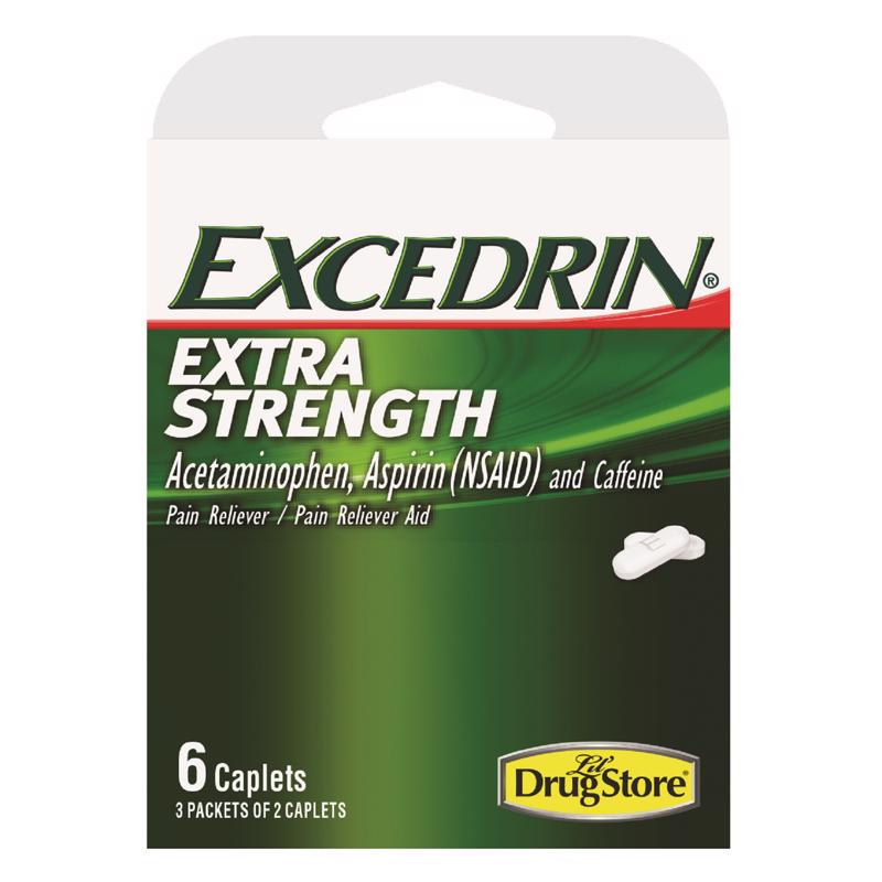 Emery Jensen EXCEDRIN EXTRA impulse pain relief packs, six-count box with colorful packaging and dosage information.