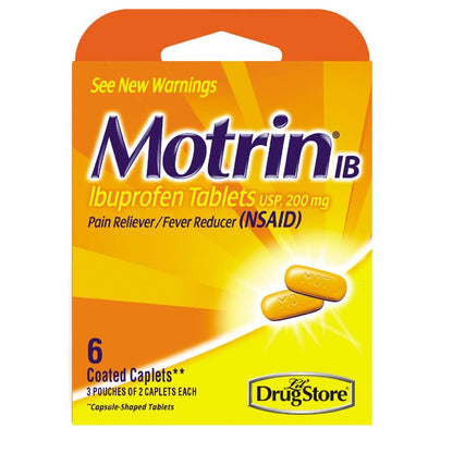 Emery Jensen MOTRIN IB 6-pack impulse/novelty packaging, featuring six boxes of pain relief medication with branding and product details