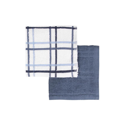 Set of three Emery Jensen kitchen dish cloths in blue and white, durable cotton textiles for cleaning and drying dishes.