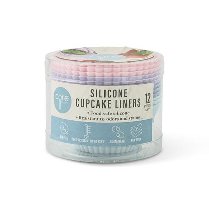 Set of six Emery Jensen silicone bakeware cups, flexible and heat-resistant for baking or serving small treats.