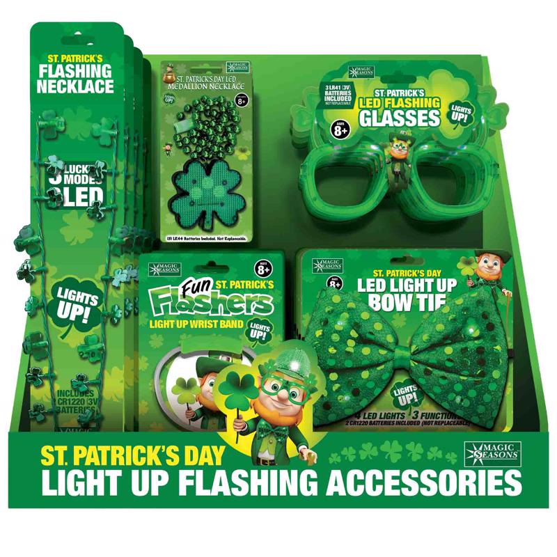 Pack of 30 St. Patrick's Day impulse and novelty accessories by Emery Jensen featuring festive green decorations and themed items.