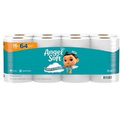 Emery Jensen 2-ply toilet paper pack with 16 rolls each, showing soft white toilet tissue with embossed pattern in a plastic packaging