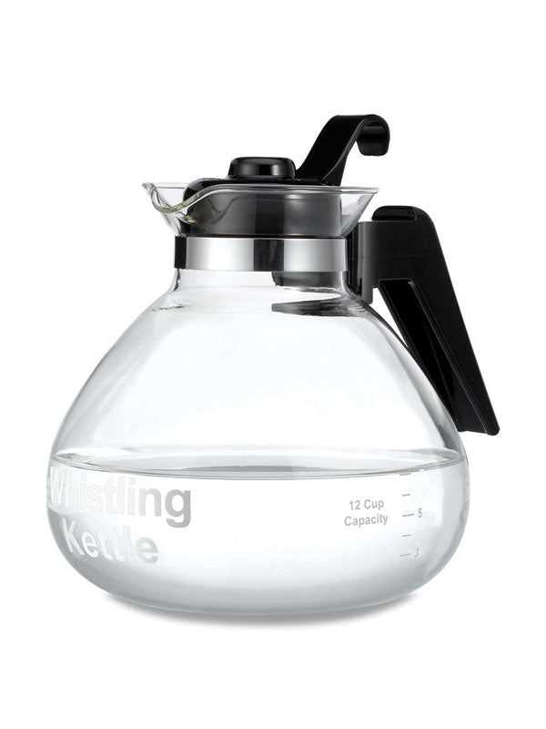 Set of four Emery Jensen TEAKETTLE 12C glass whistling kettles with transparent glass bodies and metal handles.