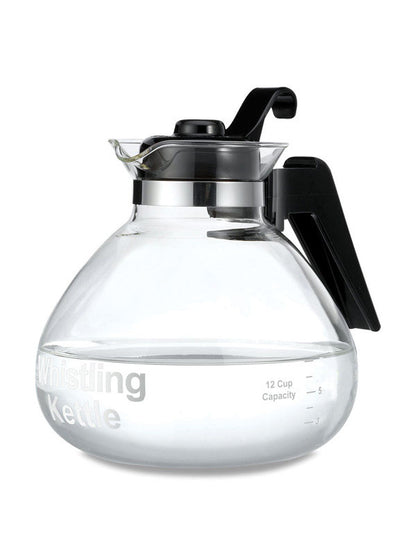 Set of four Emery Jensen TEAKETTLE 12C glass whistling kettles with transparent glass bodies and metal handles.