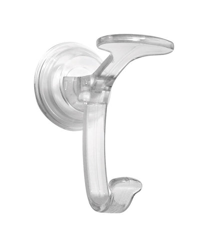 Emery Jensen suction clear bath hook for bathroom accessories, mounted on smooth surface for hanging towels or robes.