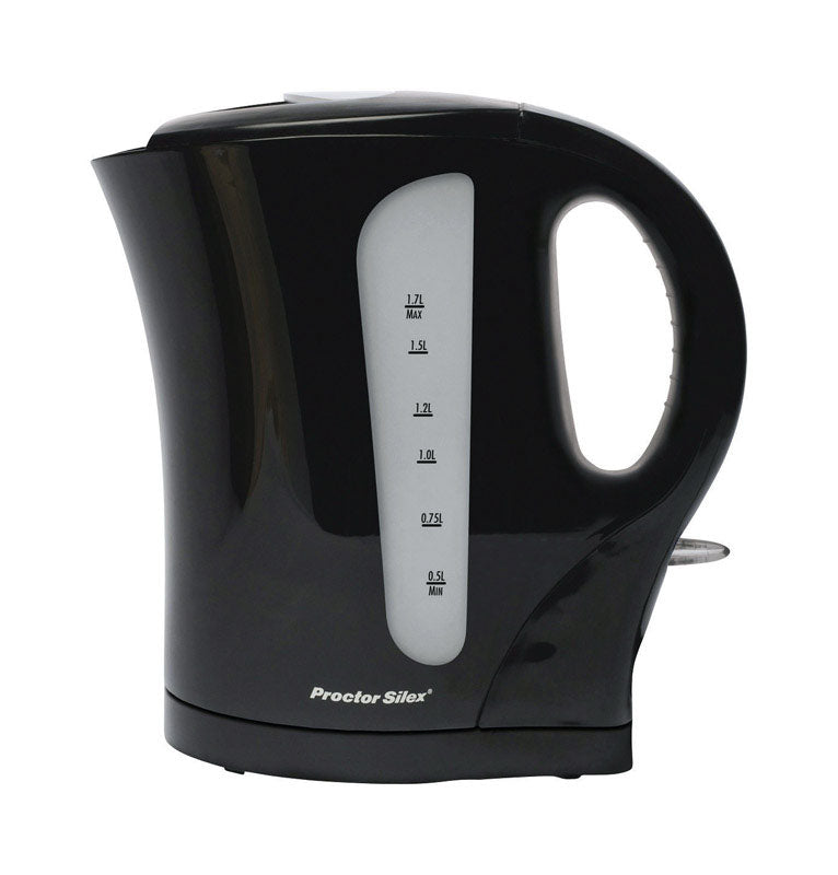 Pair of Emery Jensen electric tea kettles, 1.7 quart capacity, stainless steel finish, with ergonomic handles and spouts.