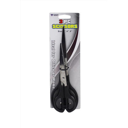 Set of Emery Jensen 3-piece scissors in 4, 6, and 8-inch sizes, shown in a pack of 24, for versatile cutting tasks.