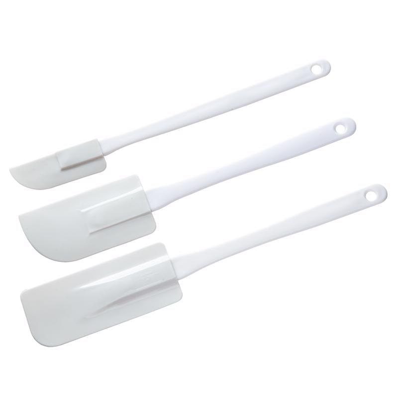 Set of three white melamine and plastic spatulas from Emery Jensen, perfect for cooking and baking tasks.