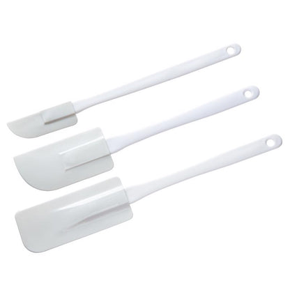 Set of three white melamine and plastic spatulas from Emery Jensen, perfect for cooking and baking tasks.