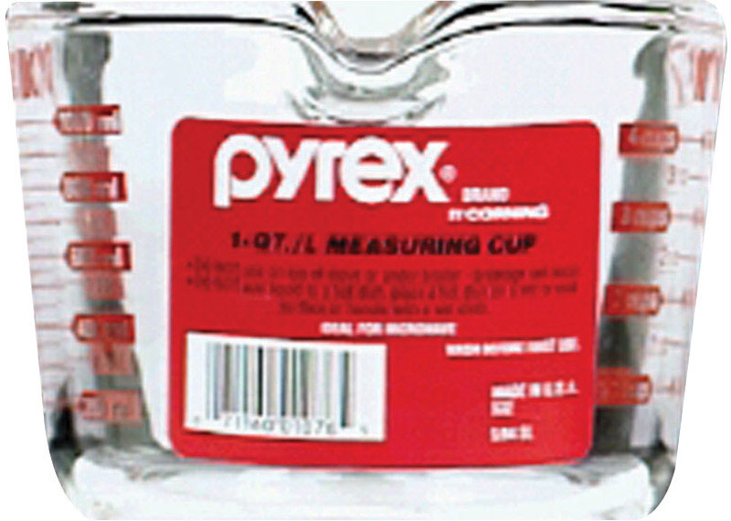 Six 32oz Pyrex measuring cups in a pack, clear glass with measurement markings, used for precise liquid measurement.