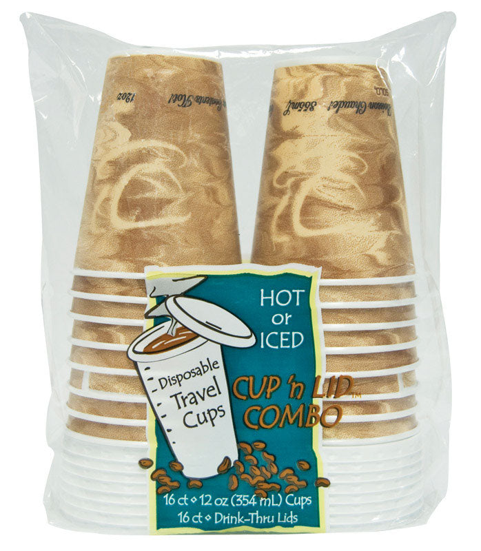 Set of 12 Emery Jensen disposable 12 oz cups with matching lids, ideal for beverages and events.