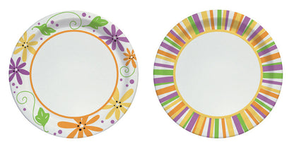 Set of 12 Emery Jensen 7-inch heavy-duty disposable paper plates, sturdy for serving meals at gatherings.