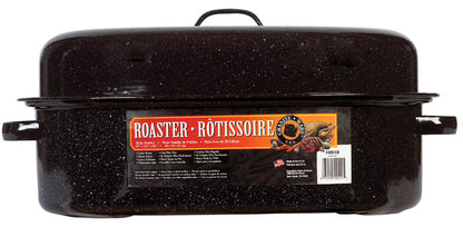 Set of four Emery Jensen covered roaster oval 20lb broilers and roasters for large cooking, showing sturdy, black enamel-coated cookware.