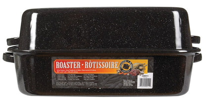 Three black covered roasters by Emery Jensen, 25lb capacity, ideal for broiling and roasting large poultry or meat.