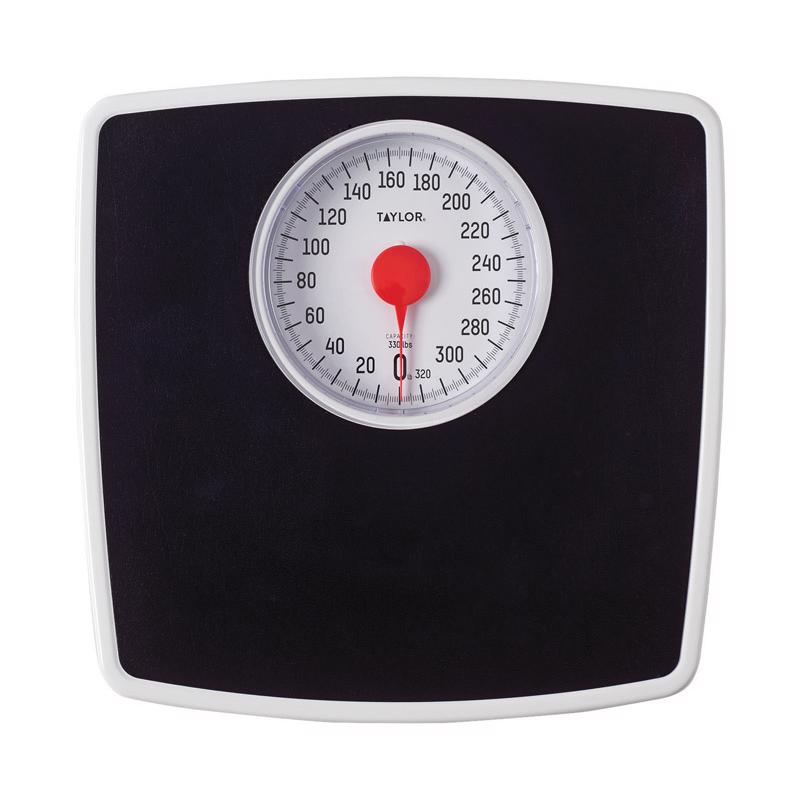 Pair of Emery Jensen mechanical bath scales with black finish, featuring analog dial and 330 lb weight capacity.