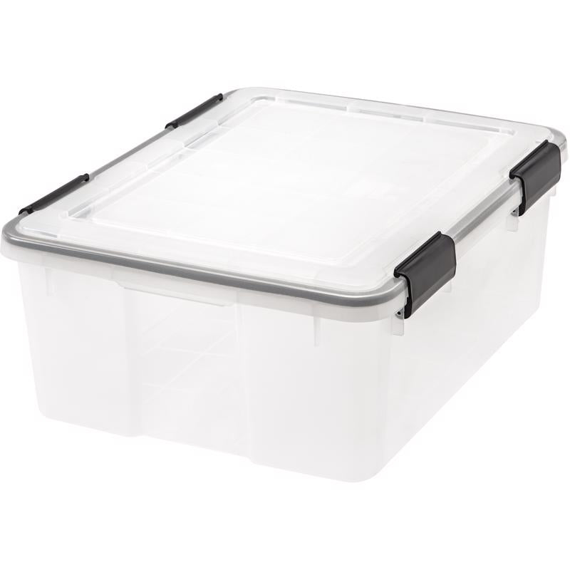 Six clear Emery Jensen storage boxes, 30-quart totes, with secure lids for organizing and storing household items.